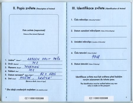 Pas zv��ete v z�jmov�m chovu (EU) - identifika�n� �daje